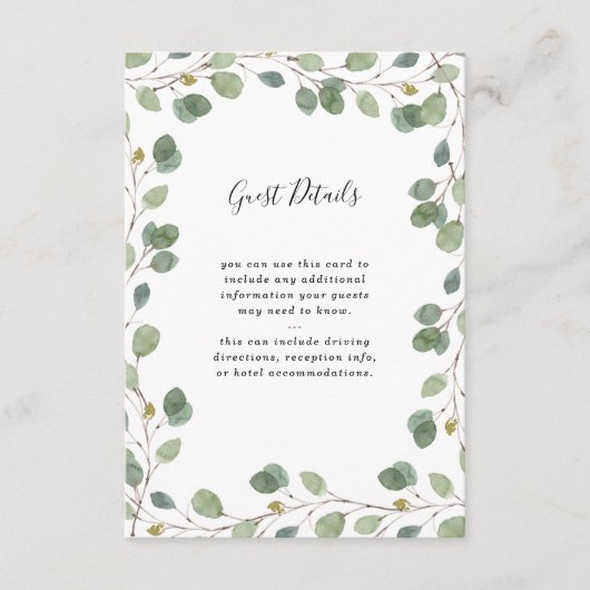 Eucalyptus groen grens | Details bruiloft gast Informatiekaartje (Voorkant)