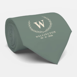 Eucalyptus Groen Ivoor Laurier Monogram Bruiloft Stropdas