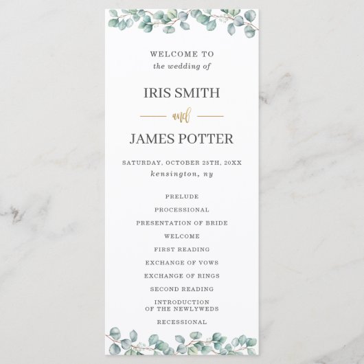 Eucalyptus groen laat gouden bruiloft programma (Voorkant)