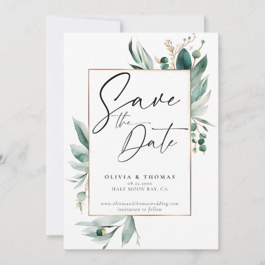 Eucalyptus groen Lijst moderne Romance bruiloft Save The Date (Voorkant)