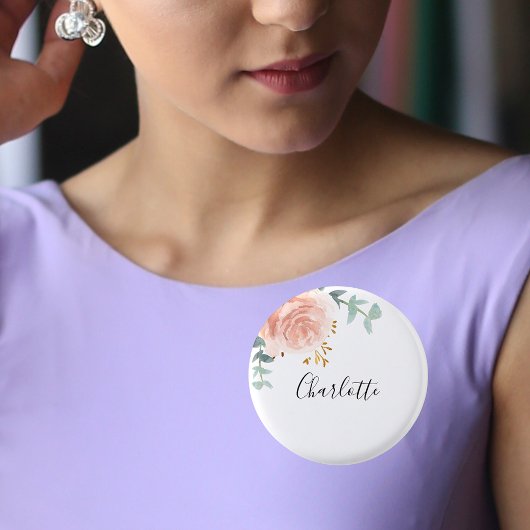 Eucalyptus groen rozegoud bloem naamkaartje ronde button 3,2 cm