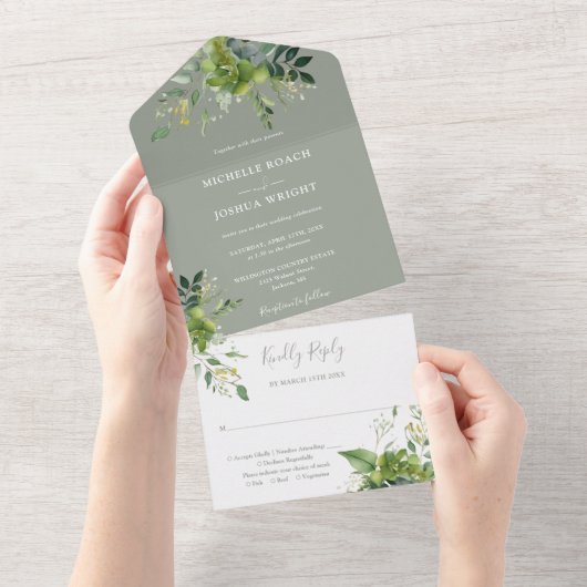 Eucalyptus groen salie groen monogram bruiloft all in one uitnodiging (Afscheurbaar)