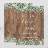 Eucalyptus groen Save the Date kaart | Rustiek (Voorkant / Achterkant)