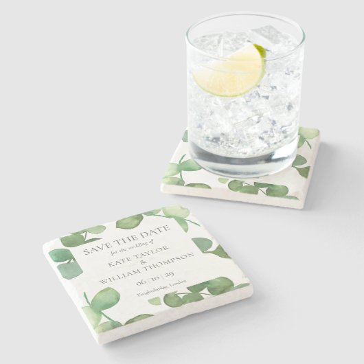 Eucalyptus groen Save the Date Stenen Onderzetter (Zijkant)