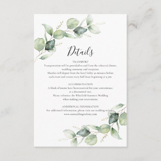 Eucalyptus groen script bruiloft details informatiekaartje (Voorkant)