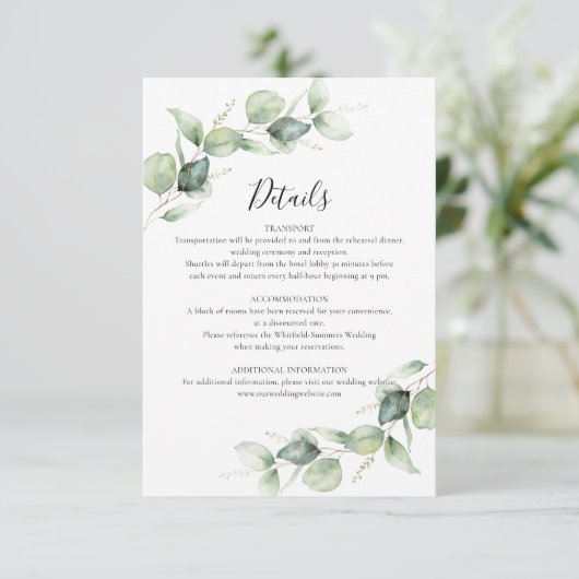 Eucalyptus groen script bruiloft details informatiekaartje (Staand voorkant)