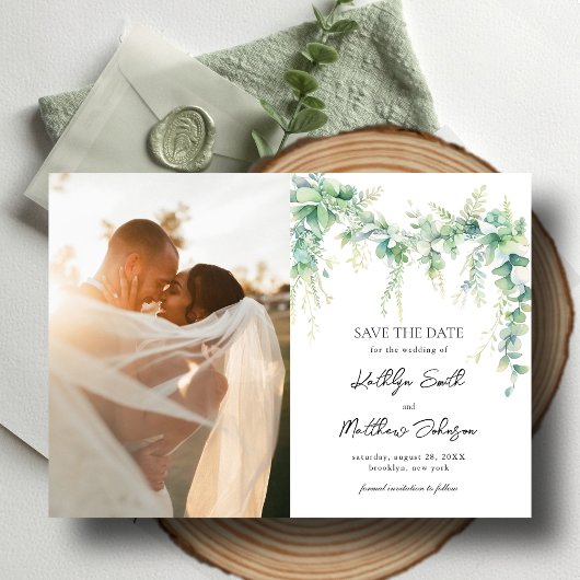 Eucalyptus groen script modern opslaan van de datu magnetische uitnodiging