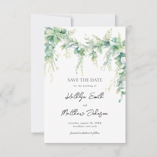 Eucalyptus groen script moderne tuin bruiloft save the date (Voorkant)