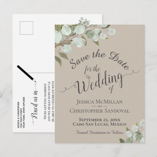 Eucalyptus & Groen Taupe Bruiloft Bewaar de datum Aankondigingskaart (Voorkant / Achterkant)