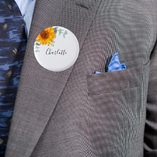 Eucalyptus groen zonnebloem naamlabel ronde button 3,2 cm