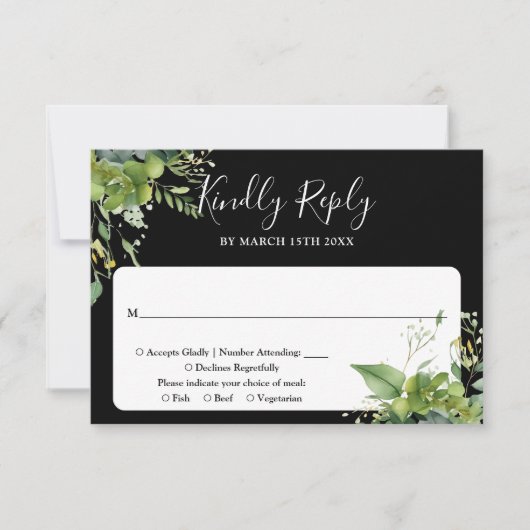 Eucalyptus groen zwart-wit bruiloft RSVP kaartje (Voorkant)