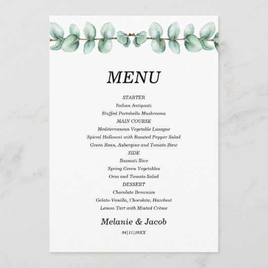 Eucalyptus groene bladeren plat menu kaart (Voorkant)