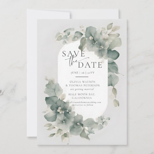 Eucalyptus Groene Dromerige Elegante Foto Bruiloft Save The Date (Voorkant)