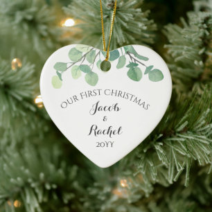 Eucalyptus Groene Eerste Kerst Getrouwd Foto Keramisch Ornament