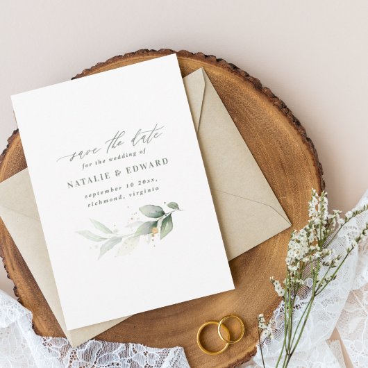 Eucalyptus groene goudbruiloft met uitzondering va save the date