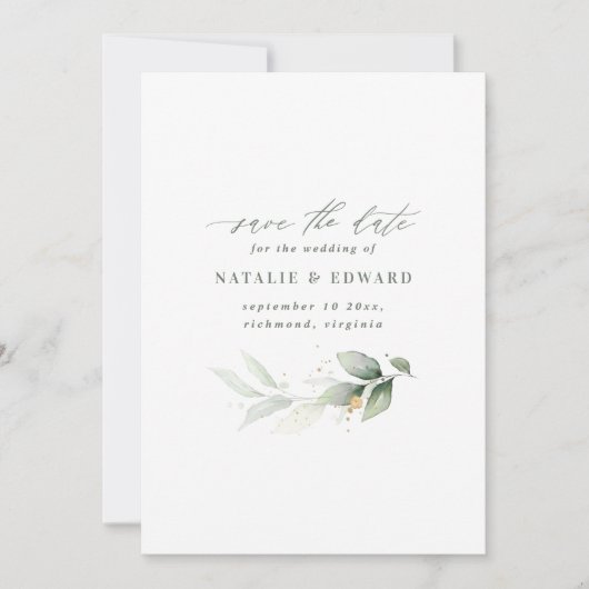 Eucalyptus groene goudbruiloft met uitzondering va save the date (Voorkant)