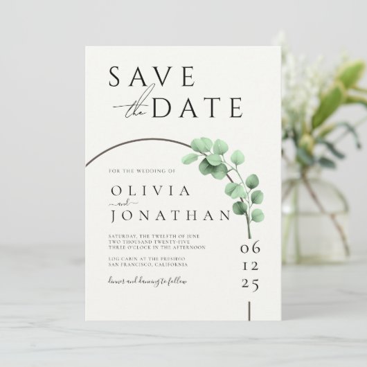 Eucalyptus Groene Lijst Minimalistische Trouwdag Save The Date (Staand voorkant)