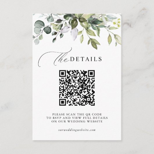Eucalyptus Groene QR Code RSVP Huwelijksdetails Informatiekaartje (Voorkant)