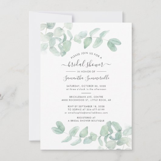 Eucalyptus Groene Script Botanische Bruiloft Borre Kaart (Voorkant)