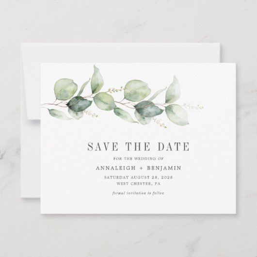 Eucalyptus Groene Script Foto Save the Date (Voorkant)