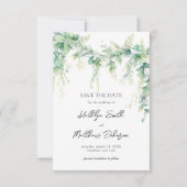 Eucalyptus Groene Script Moderne Tuin Bruiloft Save The Date (Voorkant)