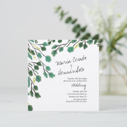 Eucalyptus Hand Drawn Leaf Script Weddenschap Kraf Kaart (Staand voorkant)
