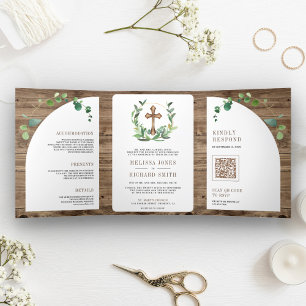 Eucalyptus Houten Kruis All-in-One Katholieke Trou Drieluik Uitnodiging