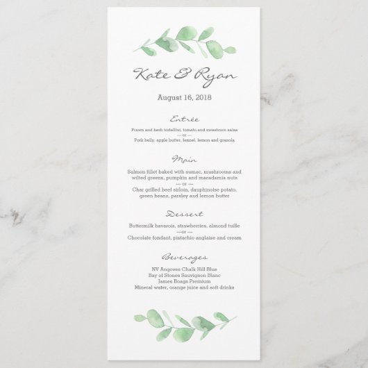 Eucalyptus jardin Mariage Carte Menu (Devant)