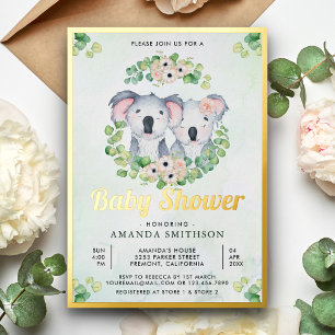 Eucalyptus Koala Beer Tweeling Baby Shower Goud Folie Uitnodiging