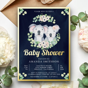 Eucalyptus Koala Beer Tweelingen Navy Baby Shower Folie Uitnodiging