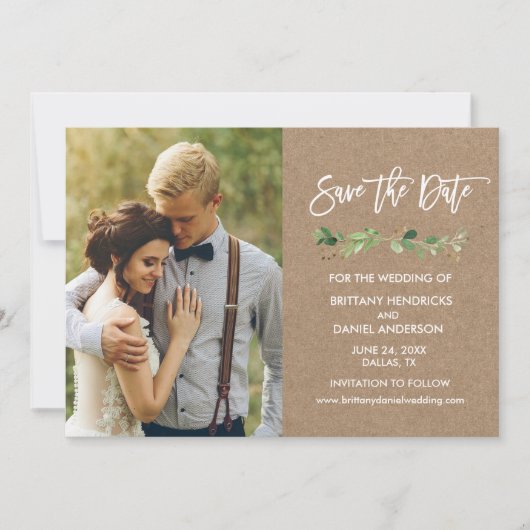 Eucalyptus Kraft-foto penseelscript Save The Date (Voorkant)
