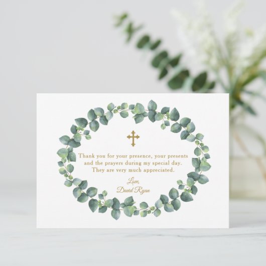 Eucalyptus Krans Gouden Kruis Jongens Doop Bedankkaart (Staand voorkant)