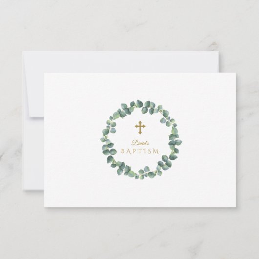 Eucalyptus Krans Gouden Kruis Jongens Doop Bedankkaart (Achterkant)