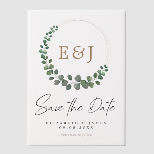 Eucalyptus krans Sage Green & Gold Bewaar de datum Vellum Uitnodigingen (Voorkant)