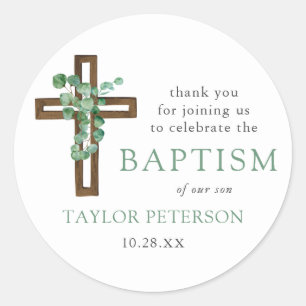 Eucalyptus Kruis Modern Doop Dank Je Favor Ronde Sticker
