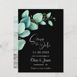Eucalyptus laat aangepaste foto's in zwart huwelij save the date