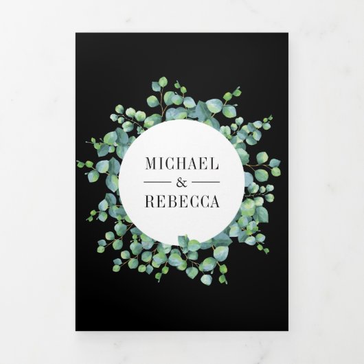 Eucalyptus laat fotocollage zwart bruiloft drieluik uitnodiging (Cover)