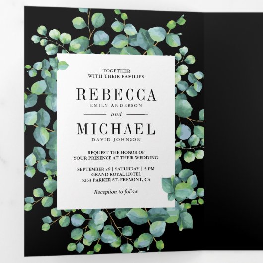 Eucalyptus laat fotocollage zwart bruiloft drieluik uitnodiging (Binnenzijde eerst)
