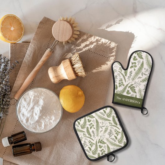 Eucalyptus laat groen aangepaste naam ovenwant & pannenlap set