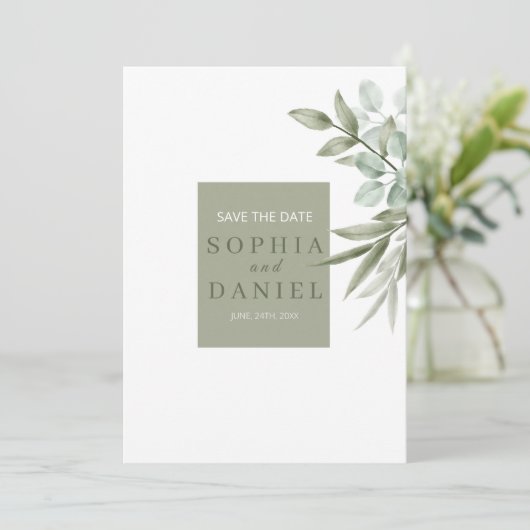 Eucalyptus laat minimalistisch de datum opslaan save the date (Staand voorkant)