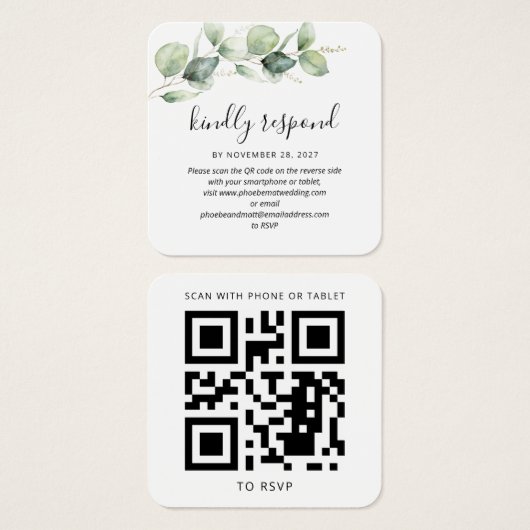 Eucalyptus laat QR-code bruiloft Website RSVP Vierkante Visitekaartjes (Voorkant /achterkant)