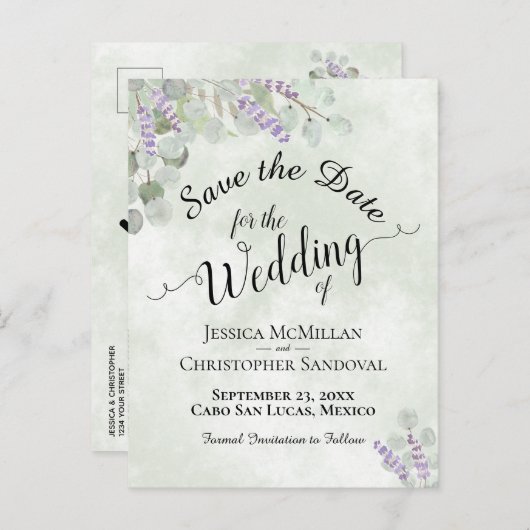 Eucalyptus & Lavendel Sage Bruiloft Save the Date Aankondigingskaart (Voorkant / Achterkant)