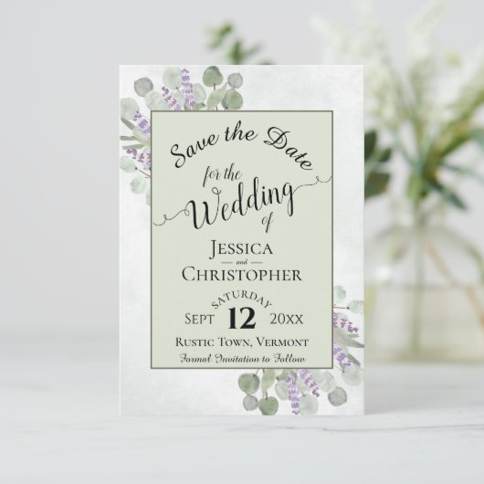 Eucalyptus & Lavender Calligraphy Green Wedding Save The Date (Staand voorkant)