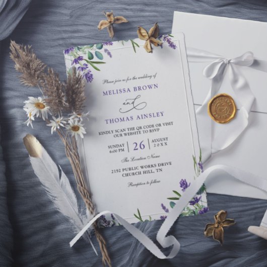 Eucalyptus Lavender Elegant Budget QR Code Wedding Kaart