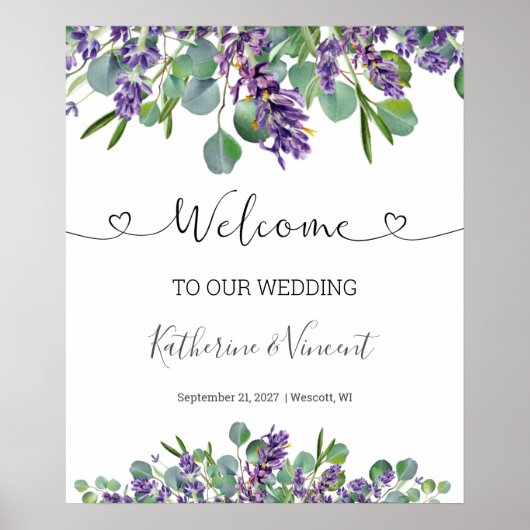 Eucalyptus Lavender Flowers Weddenschap Welkomstte Poster (Voorkant)
