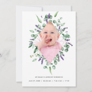 Eucalyptus Lavender Geboorteaankondiging Fotokaart Aankondiging
