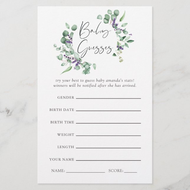 Eucalyptus Lavender Greenery Baby shower Game (Voorkant)