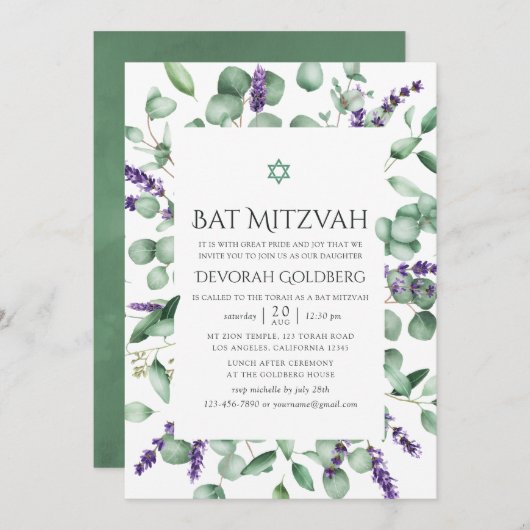 Eucalyptus Lavender Greenery Bat Mitzvah Kaart (Voorkant / Achterkant)