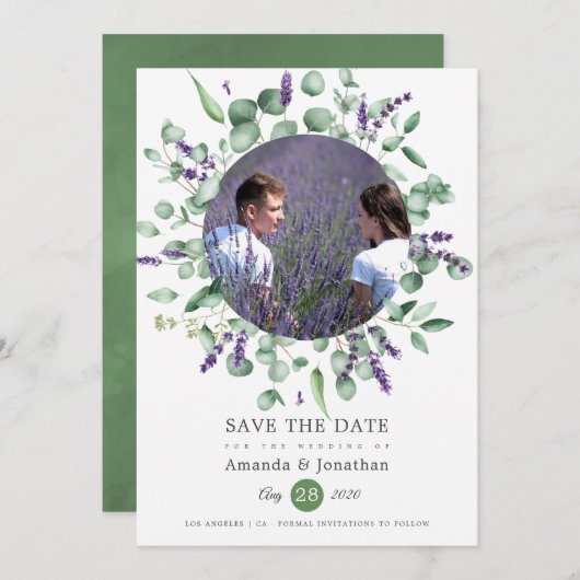 Eucalyptus Lavender Greenery Foto Weddenschap Save The Date (Voorkant / Achterkant)