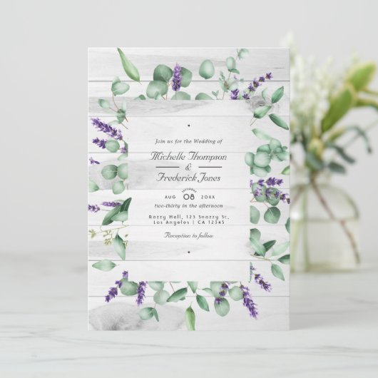Eucalyptus Lavender Greenery QR Code RSVP Weddensc Kaart (Staand voorkant)